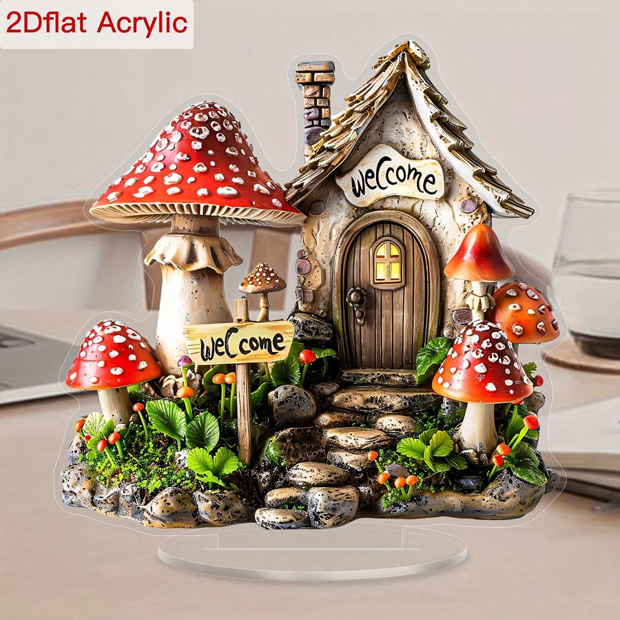 1 件波西米亚风格欢迎蘑菇屋亚克力装饰标牌带支架 - 花园花朵桌面牌匾，梦幻童话家居和办公室装饰 - 无需电源 - 彩色 - 查看 1