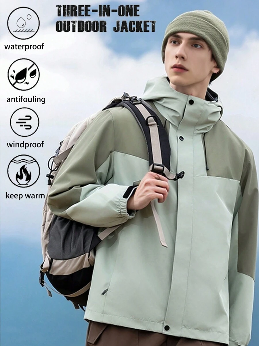 1 件男士户外徒步三合一羊毛夹克，防静电，防风，防水，保暖内衬，秋冬 - 綠色 - 查看 1