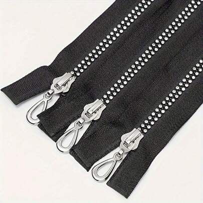 1pc Black Resin Zipper With Rhinestone Decor, Self-Locking Single-Head, Suitable For Sewing And Handicraft - Length Options: 15.7in/19.7in/23.6in/27.6in