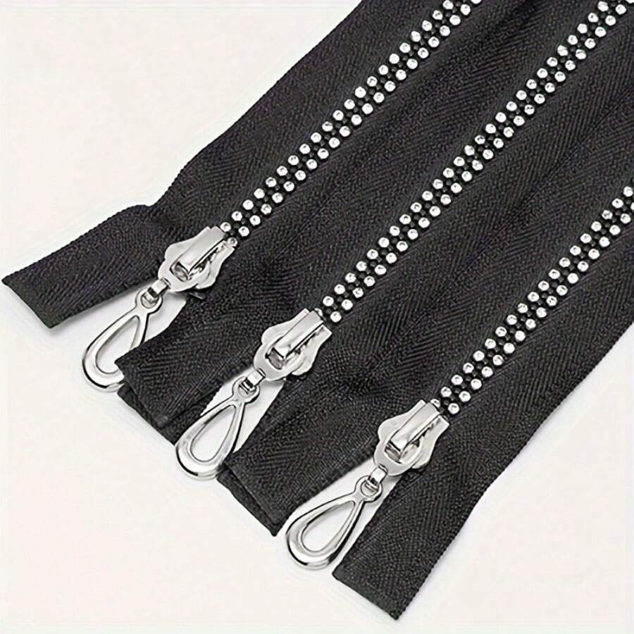 1pc Black Resin Zipper With Rhinestone Decor, Self-Locking Single-Head, Suitable For Sewing And Handicraft - Length Options: 15.7in/19.7in/23.6in/27.6in