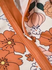 Baby Girl Zip-Up Soft Comfortable Long Sleeve Jumpsuit,Round Neck Jumpsuit With Large Floral Print Pattern, Suitable For Spring & Autumn Wear - Orange - View 4