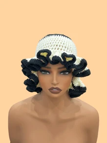 1 件女士手工钩编荷叶边针织贝雷帽，成人软边钟形帽，轻质镂空蕾丝无檐小便帽，有弹性，Y2K 风格，适合日常穿着、摄影、聚会、野餐、户外活动，保暖、防风、保暖耳朵、圣诞节