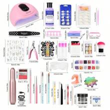 Kit de uñas de acrílico en polvo con lámpara UV/LED, pulidor de uñas, herramienta de lámpara de horneado, decoración de arte de uñas, pegatinas de uñas, papel galaxia, cortauñas y conjunto de molde francés.
