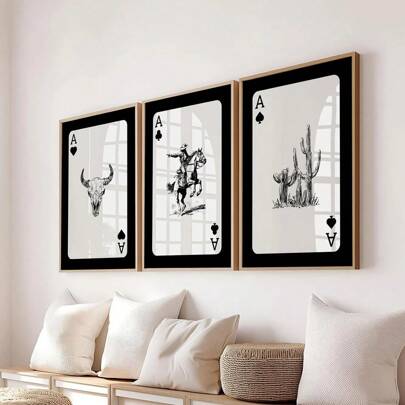 Set Of 3 Unframed Longhorn Bull Skull Wetern Cowboy Playing Card Art Poster Aesthetics Black White Minimalist Funky Painting Canvas Print Wall Picture Ideal Gift For Dorm,Apartment,Living Room,Bedroom,Boy Room,Home Decoration