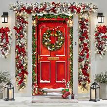 1pc Merry Christmas Polyester Door Cover, Seasonal Multicolor Snowman Reindeer Pattern Holiday Decoration, Reusable Banner, Use Photo Booth Backdrop,Christmas - Multicolor - View 8
