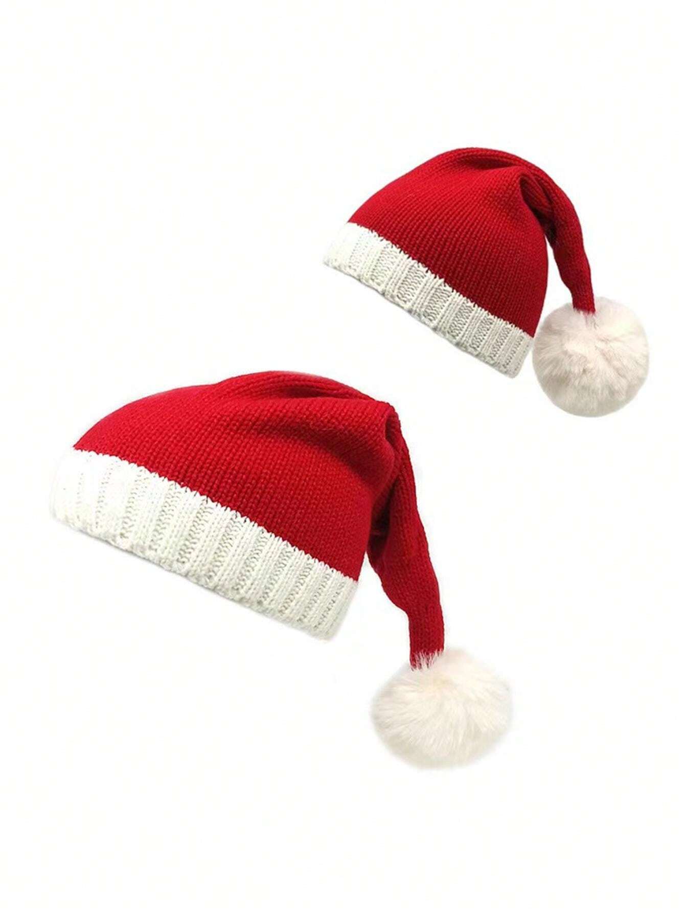 2pcs/Set ParentChild Pom Pom Decor Knitted Solid Color Outdoor Holiday