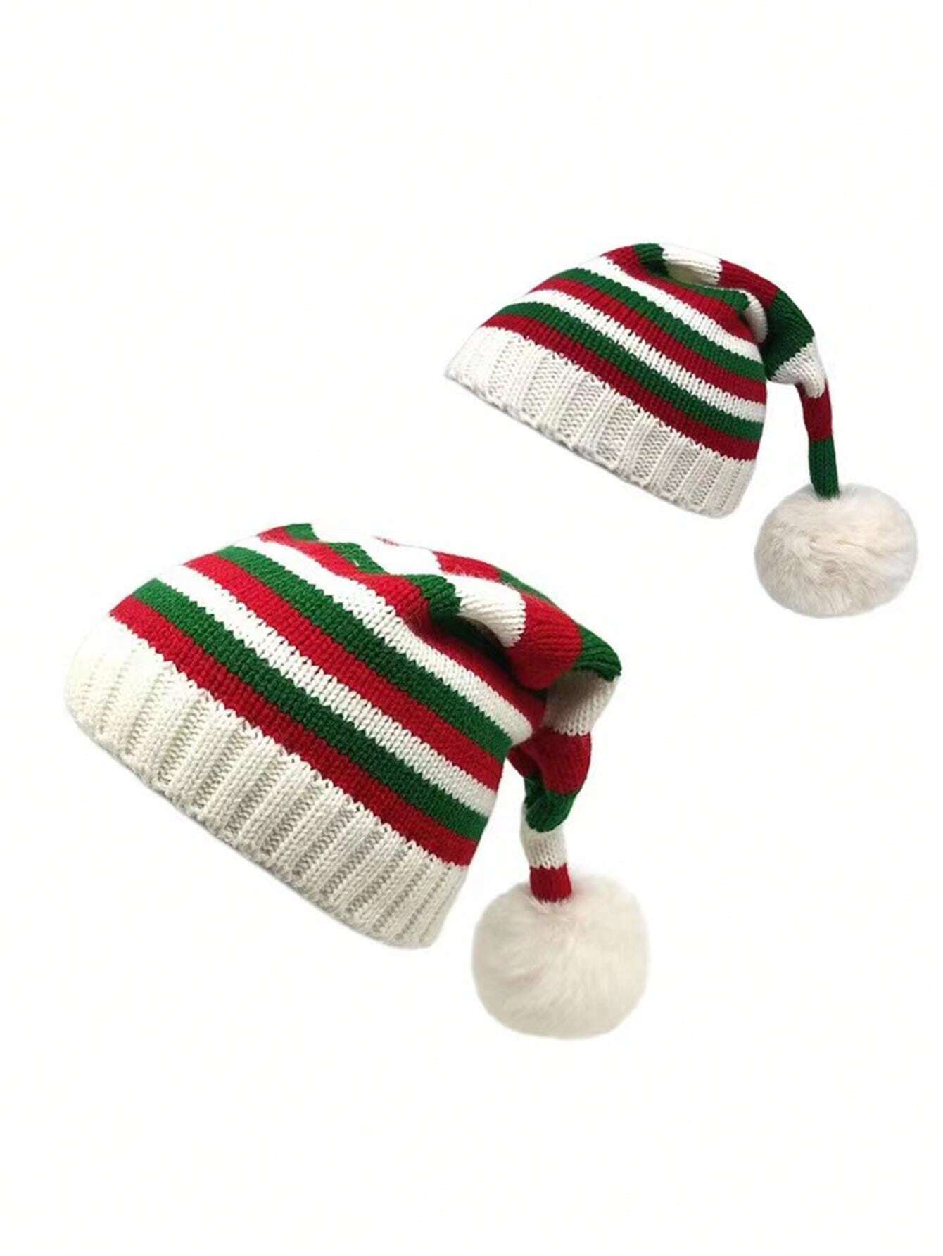 2pcs/Set ParentChild Pom Pom Decor Knitted Solid Color Outdoor Holiday