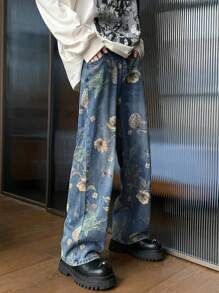 Men's Simple Pocket Design Casual Loose Fit Printed Denim Jeans, Daily Wear - Dark Wash - View 1