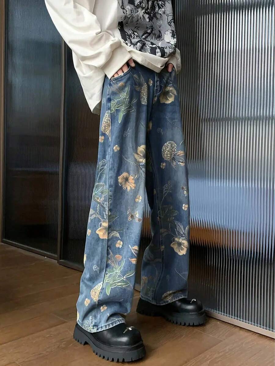 Men's Simple Pocket Design Casual Loose Fit Printed Denim Jeans, Daily Wear - Dark Wash - View 1