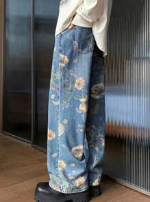 Men's Simple Pocket Design Casual Loose Fit Printed Denim Jeans, Daily Wear - Dark Wash - View 5