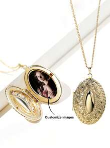 定制照片吊坠项链，带花卉雕刻椭圆形小盒，适合男士、女士和情侣，优质百搭项链礼物 - 彩色 - 查看 1