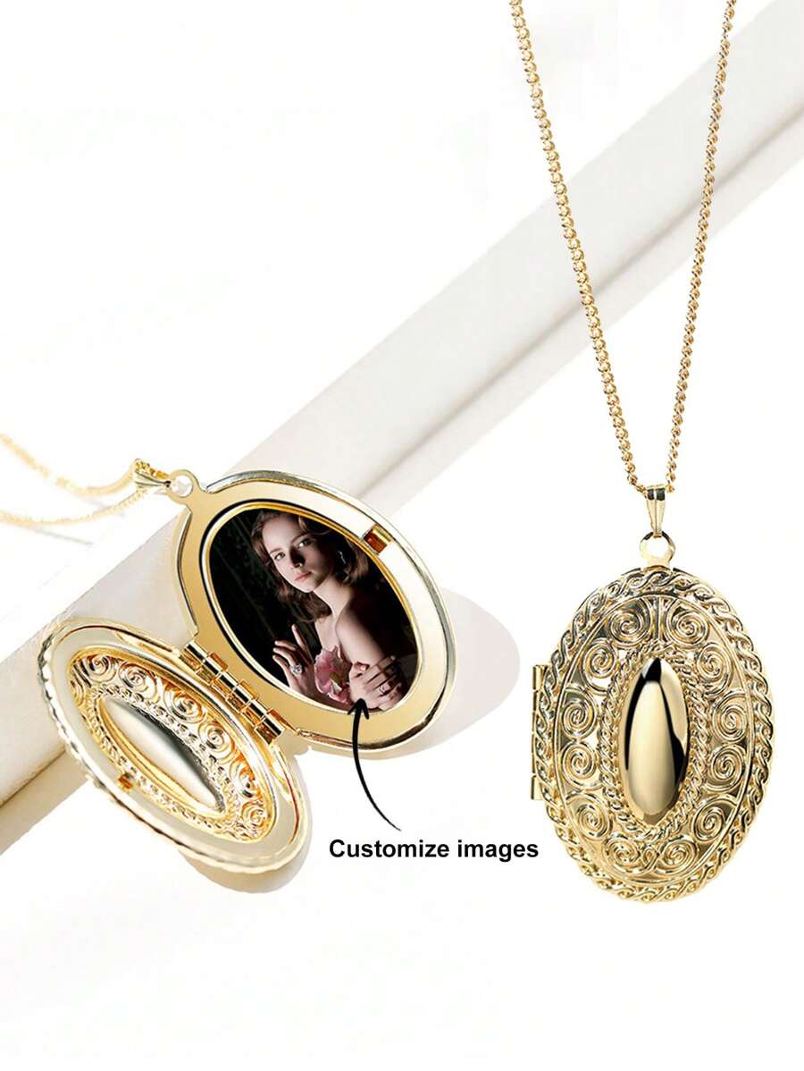 定制照片吊坠项链，带花卉雕刻椭圆形小盒，适合男士、女士和情侣，优质百搭项链礼物 - 彩色 - 查看 1