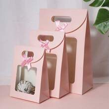 5 件透明自立翻盖礼品袋，全新纯色蝴蝶结提手袋 - 粉色、白色、黑色、蓝色、棕色，糖果袋，派对礼品袋，生日礼品袋，节日礼品袋，返校情人节 - 粉色 - 查看 11