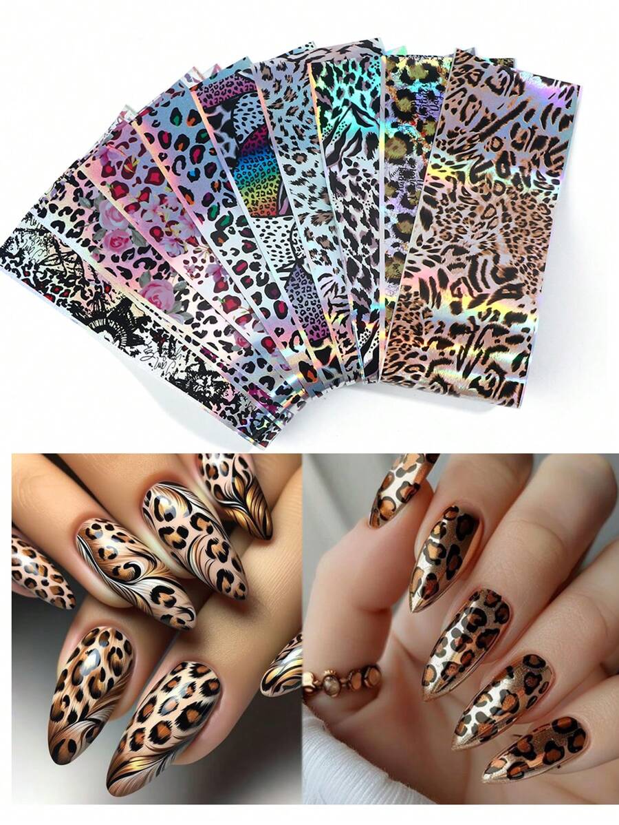 10 Sheets Leopard Print Nail Transfer Foils Laser Glitter Animal Skin