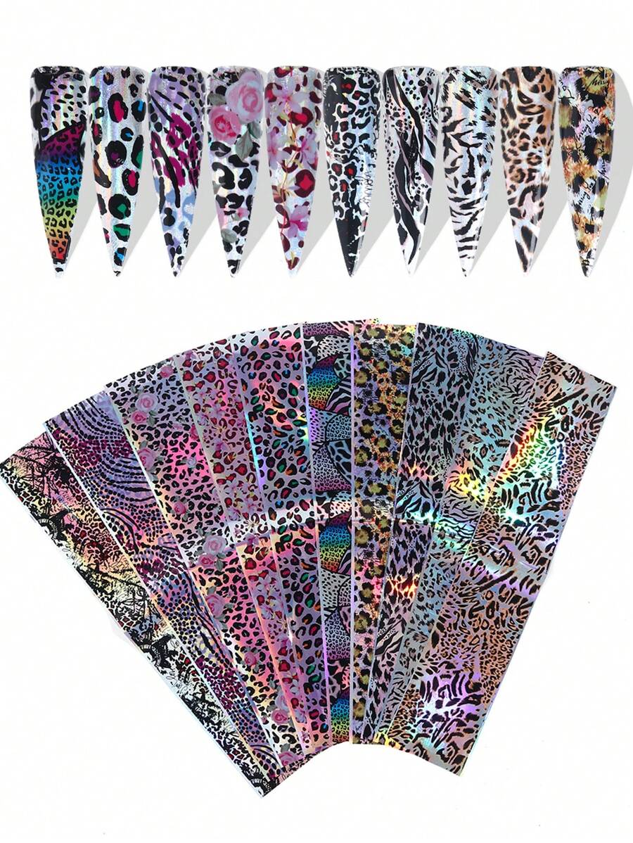 10 Sheets Leopard Print Nail Transfer Foils Laser Glitter Animal Skin