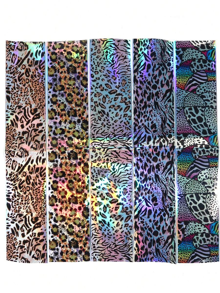 10 Sheets Leopard Print Nail Transfer Foils Laser Glitter Animal Skin