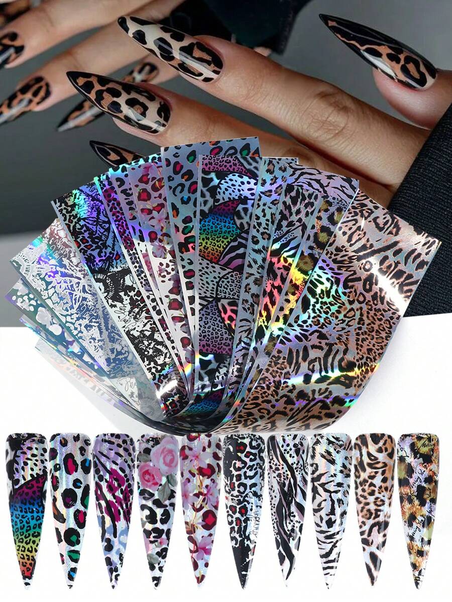 10 Sheets Leopard Print Nail Transfer Foils Laser Glitter Animal Skin