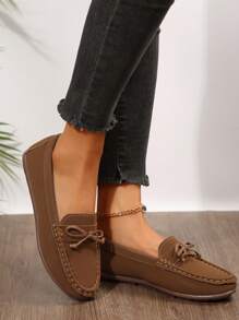 Women's Casual Flat Shoes With Butterfly Buckle Decor, Handmade Stitching, Comfortable Loafers For Spring And Autumn Outdoor/Travel - Brown - View 5