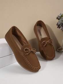 Women's Casual Flat Shoes With Butterfly Buckle Decor, Handmade Stitching, Comfortable Loafers For Spring And Autumn Outdoor/Travel - Brown - View 2