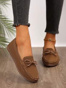 Women's Casual Flat Shoes With Butterfly Buckle Decor, Handmade Stitching, Comfortable Loafers For Spring And Autumn Outdoor/Travel - Brown - View 4