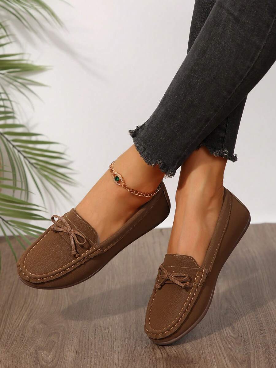 Women's Casual Flat Shoes With Butterfly Buckle Decor, Handmade Stitching, Comfortable Loafers For Spring And Autumn Outdoor/Travel - Brown - View 1