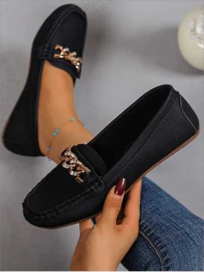 新款春季女士链条乐福鞋，英国软皮便士乐福鞋一脚蹬平底鞋