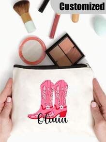 Custom Cowgirl Name Makeup Bag - Bachelorette Party Favor, Lightweight Polyester Cosmetic Pouch With Zipper For Travel & Storage, Portable, Large Capacity, Lightweight, All-Purpose, Practical, Multifunction, Versatile, Vacay Vibes/Vacation, Unisex, Leisure, Sports, Custom, Personalized, Unique, Customized, Girlfriend, Boyfriend, Family, Friends, For School, For Birthdays, For Anniversaries, For Holiday/ Vacation, Beach Bag,Delicate Romance,Bags & Luggage,Customized Toiletry Bags - Beige - View 3