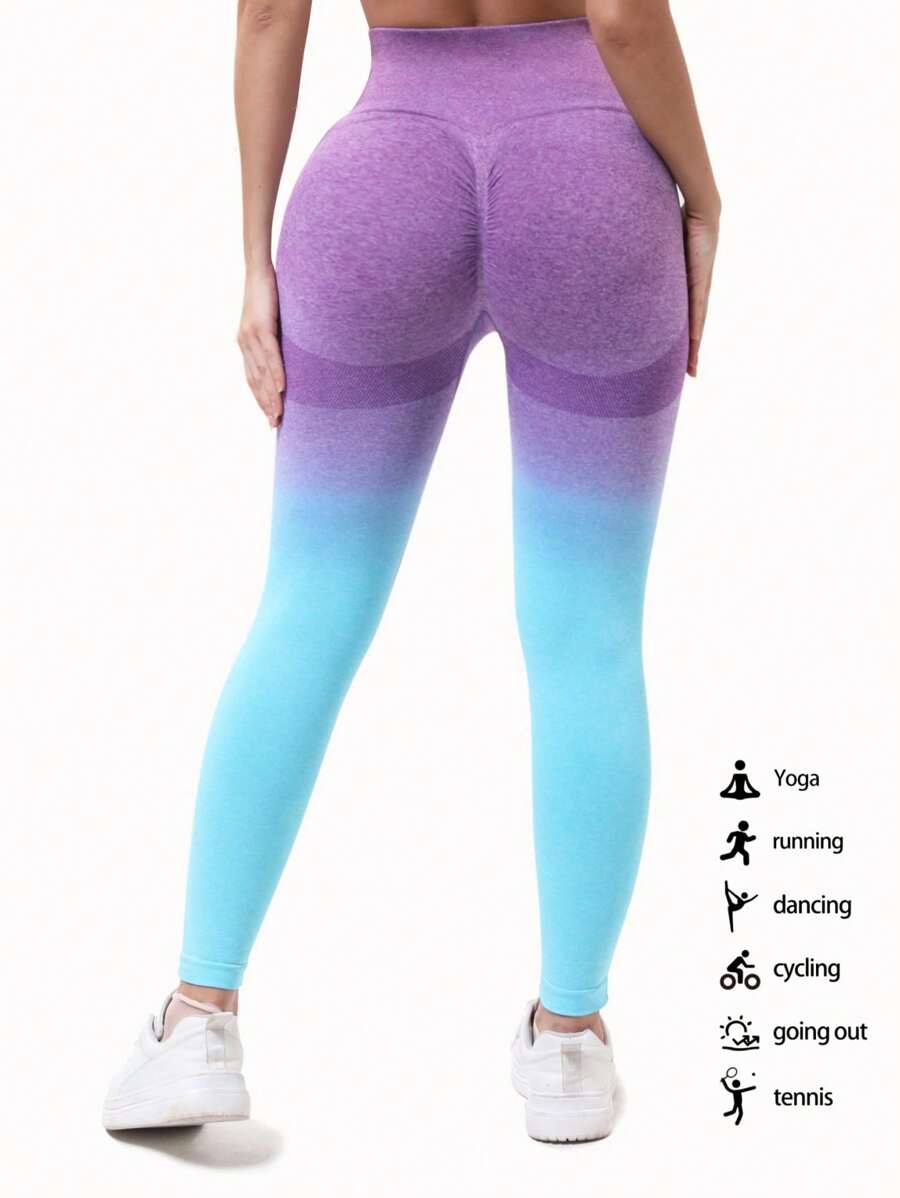Quần legging tập yoga màu gradient thời trang cho nữ, mềm mại, thoáng khí, cạp cao, co giãn tốt - Màu xanh lam - Xem 1