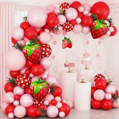 152pcs Strawberry Themed Balloon Garland Arch Set, Including Red, Pink And Other Latex Balloon And 3 Strawberry Shaped Aluminum Film Balloon, Perfect For Birthday Party Decorations, Sweet Strawberry Themed Party Supplies
