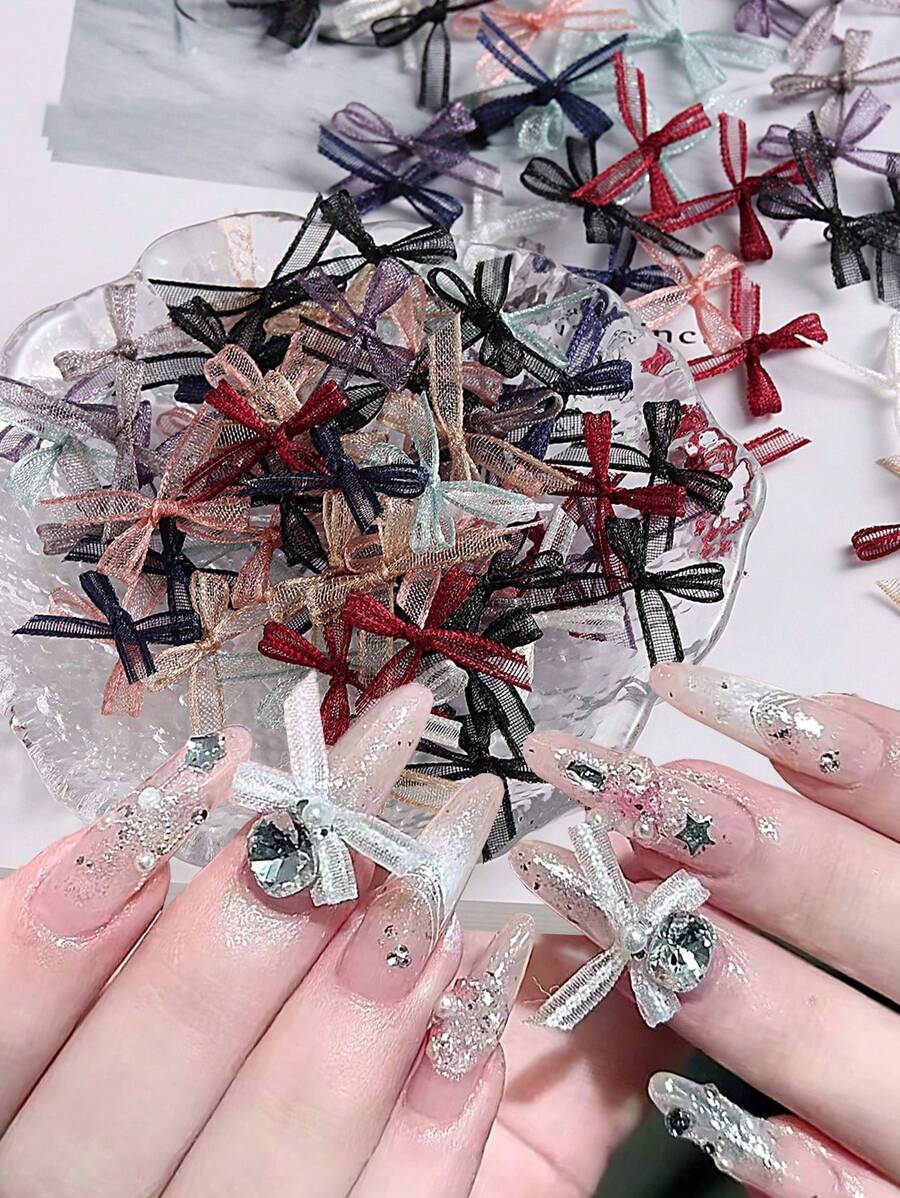 50件混色丝带美甲装饰，3D日式黑红蕾丝蝴蝶结美甲装饰，DIY美甲配件，美甲饰品，美甲用品 - 彩色 - 查看 1