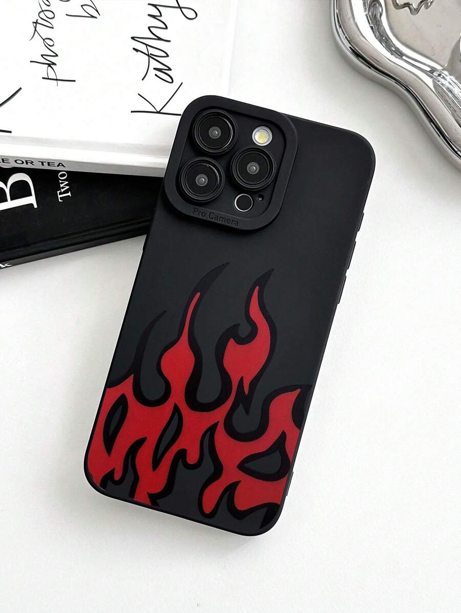 Y2K Red Flame Pattern Black TPU Phone Case, Compatible With IPhone & Galaxy, Cover Compatible With IPhone 17/17 Pro Max/15/14/13 Series, Avant-Garde Streetwear Style Lens Protection Phone Case, Suitable For Personal Use Or As A Gift - Multicolor - View 1