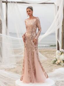 Women's Mermaid Hem Contrast Mesh Sequin Formal Dress Elegant Long Sleeve Mother Of The Bride Dress