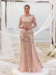 Women's Mermaid Hem Contrast Mesh Sequin Formal Dress Elegant Long Sleeve Mother Of The Bride Dress