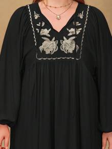 Đầm ngắn tay phồng màu đen thêu hoa dành cho nữ cỡ lớn, trang phục đi biển phong cách Bohemian, phong cách lễ hội âm nhạc, kỳ nghỉ nhiệt đới. - màu đen - Xem 8