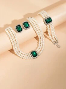 4pcs Gorgeous & Fashionable Diamond Inlaid Multi-Layer Faux Pearl Beaded Necklace Set With Faux Pearl Bracelet & Gemstone Earrings, Ladies' Elegant & Charming Wedding Jewelry Suite, Holiday Gift