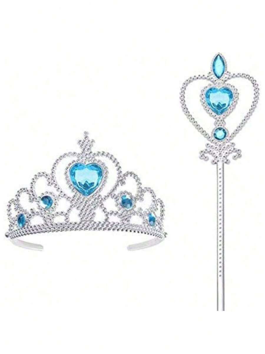 2 chiếc vương miện công chúa, vương miện và đũa phép cho bé gái, vương miện nhựa hình trái tim bằng bạc, đũa phép chủ đề mùa đông cho sinh nhật - Màu xanh lam - Xem 1