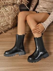 Women's Ankle Chelsea Boots, New Design Thick Sole Riding Boots, Black Smoke Tube Boots For Autumn/Spring