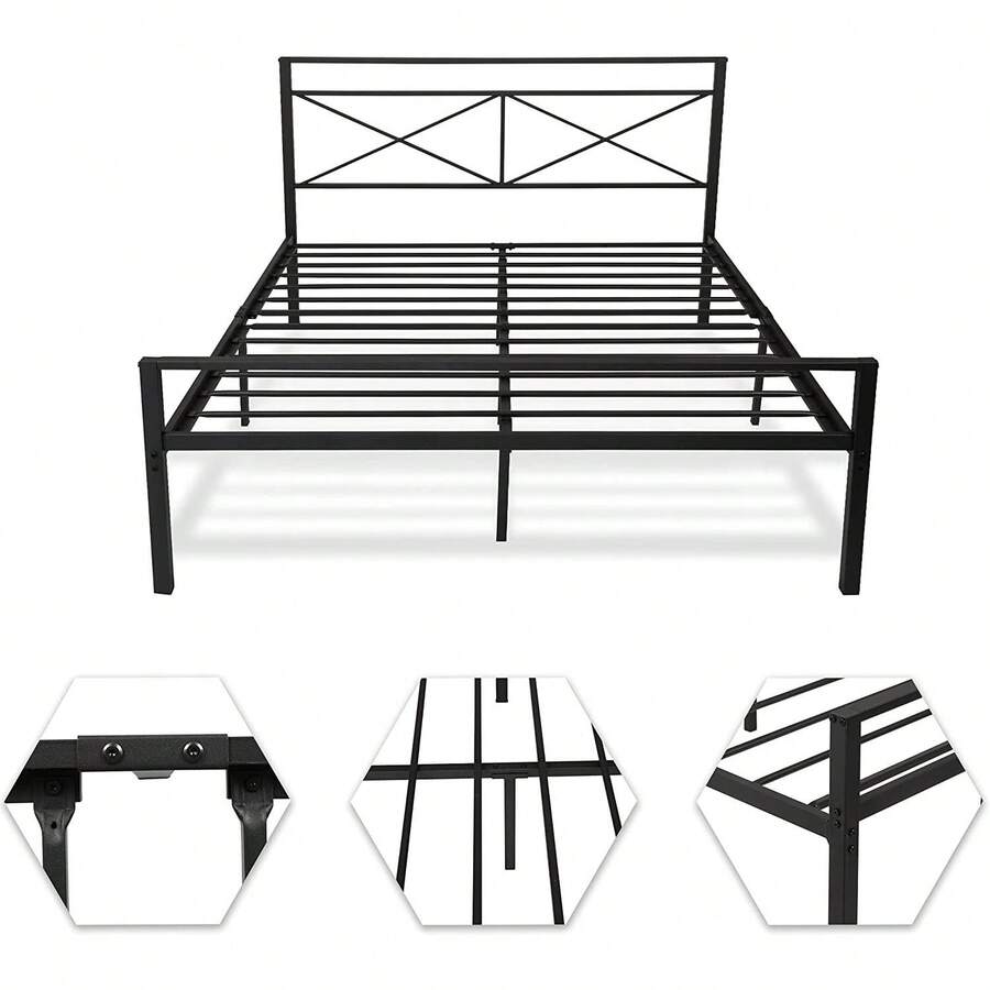 Queen Metal Bed Frame With 14 Slats, Ample UnderBed Storage Space And