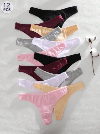 12 件套女士纯色舒适简约丁字裤家居服