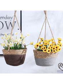 Handcrafted Woven Basket Hanging Planter With Jute Rope - Perfect For Indoor Or Outdoor Decor (Random Color) Gifts Birthday Graduation