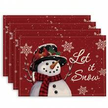 4 pièces/1 pièce Sets de table en lin imprimé de bonhomme de neige, flocons de neige, lettres pour Noël. Tapis de table décoratifs pour fête de Noël