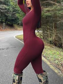 Women Solid Color Long Sleeve Casual V-Neck Jumpsuit, Autumn - Burgundy - View 2