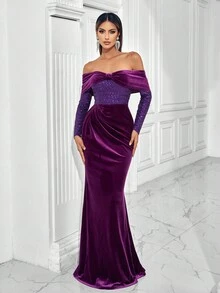 Rochie formala fara bretele din catifea contrastanta, rochie de seara eleganta montata, rochie de eveniment de nunta, rochie de bal cu maneca lunga, pentru invitat la nunta, absolvire, cina - Violet - Vizualizare 3