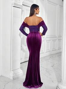 Rochie formala fara bretele din catifea contrastanta, rochie de seara eleganta montata, rochie de eveniment de nunta, rochie de bal cu maneca lunga, pentru invitat la nunta, absolvire, cina - Violet - Vizualizare 2