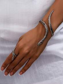 2pcs Fashionable Geometric Snake Wrap Open Bangle And Ring Set For Women, Party Accessories Gift
