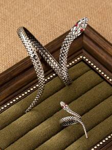 2pcs Fashionable Geometric Snake Wrap Open Bangle And Ring Set For Women, Party Accessories Gift