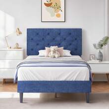 HOMBCK Estructura de cama tapizada con cabecero, estructura de cama de tela de lino con cabecero capitoné, sin somier, fácil montaje, tamaño individual/matrimonial/queen/king, beige/rosa/gris oscuro/gris/azul