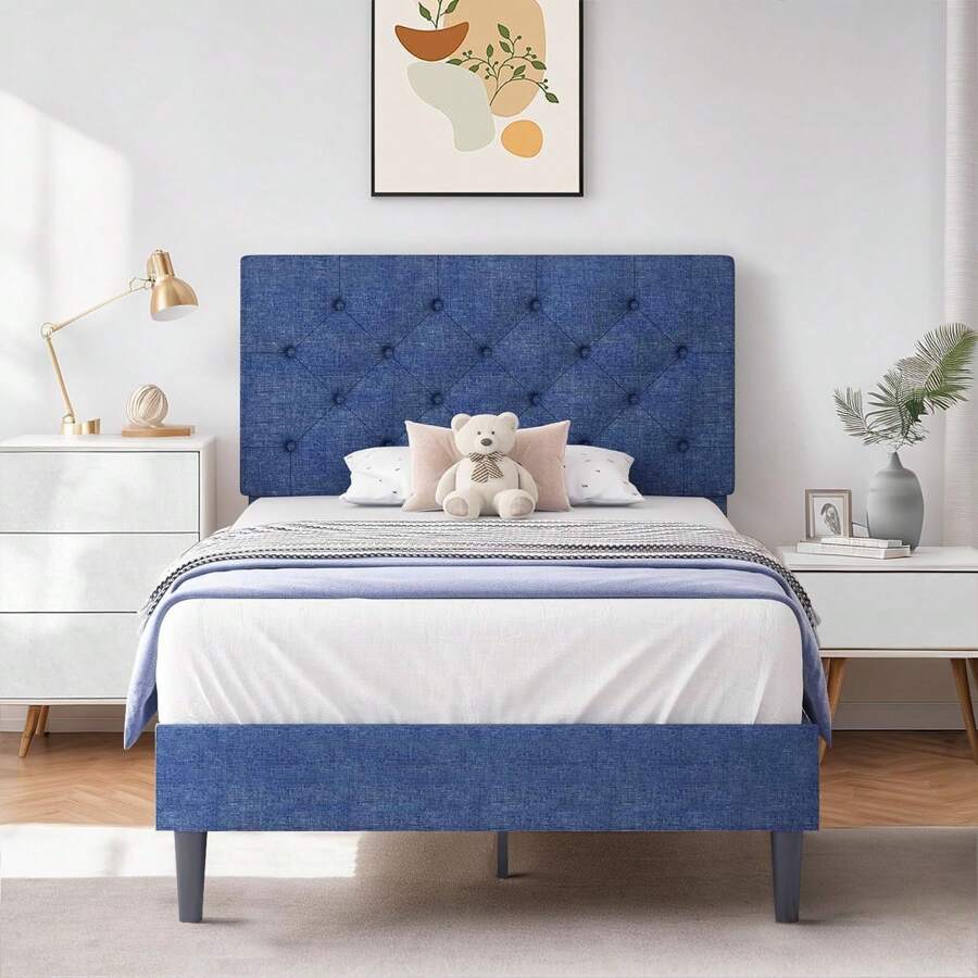 HOMBCK Estructura de cama tapizada con cabecero, estructura de cama de tela de lino con cabecero capitoné, sin somier, fácil montaje, tamaño individual/matrimonial/queen/king, beige/rosa/gris oscuro/gris/azul