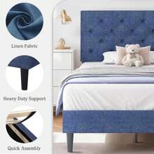 HOMBCK Estructura de cama tapizada con cabecero, estructura de cama de tela de lino con cabecero capitoné, sin somier, fácil montaje, tamaño individual/matrimonial/queen/king, beige/rosa/gris oscuro/gris/azul