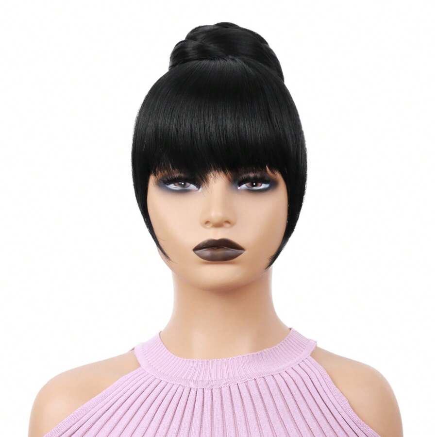 Synthetic Black Quick Chignon Bun With Bangs Hair Braided Bang Clip In
